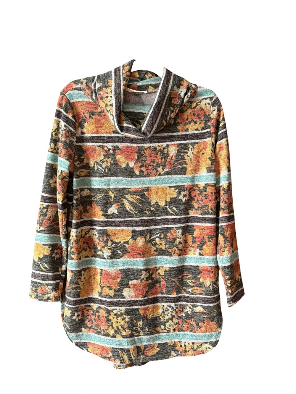 Entro Floral Stripe Cowl Neck Tunic Sweater Boho Top